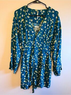 Free People Teal Floral Button-Front Romper